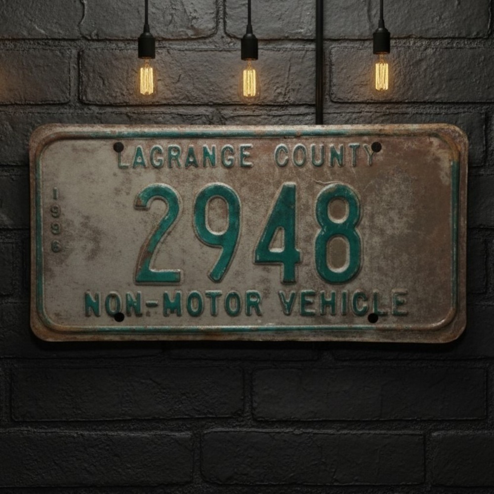 Lagrange County Indiana Vintage 1996 Non-Motor Vehicle License Plate 2948 Rustic
